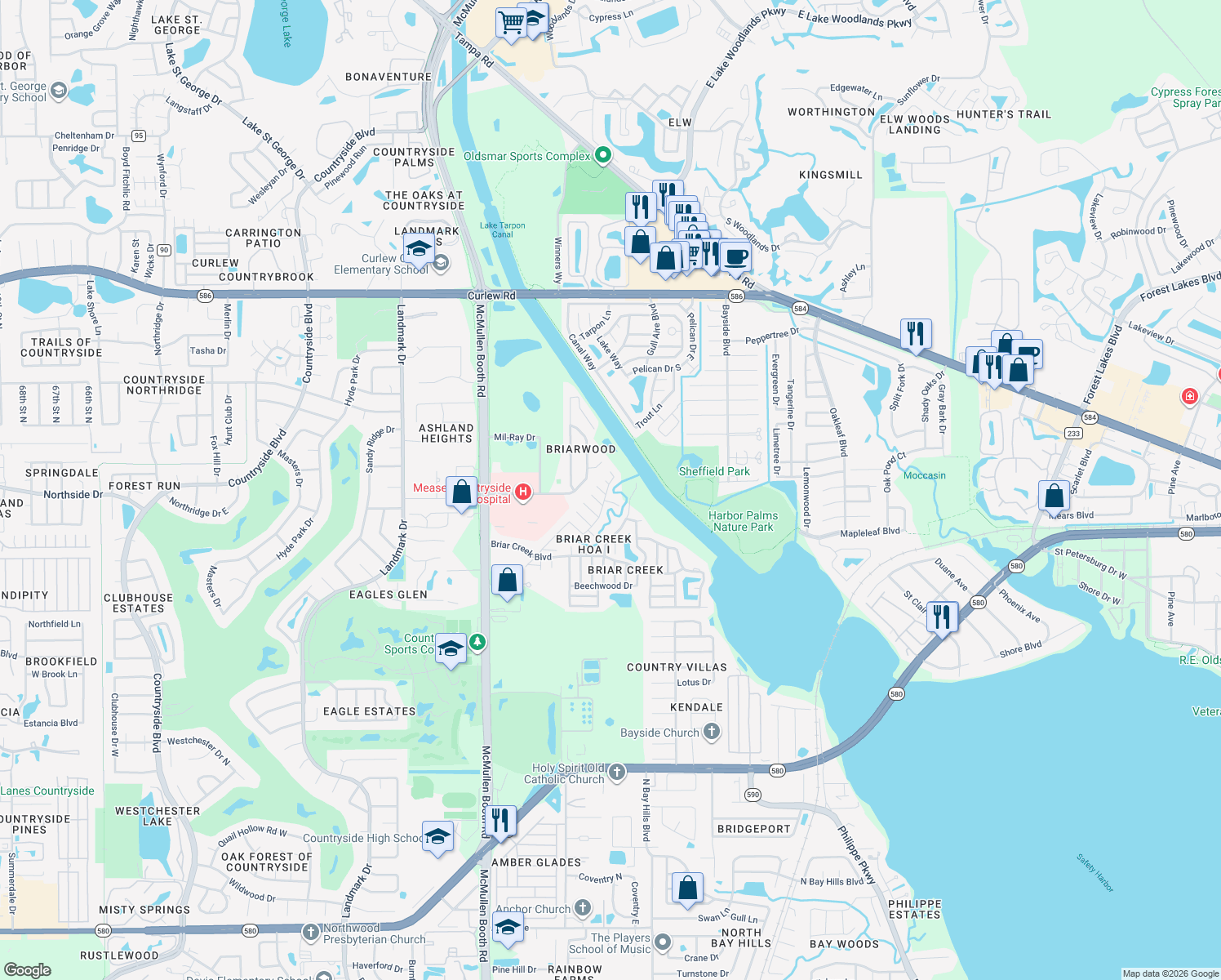 map of restaurants, bars, coffee shops, grocery stores, and more near 90 Sugar Bear Drive in Safety Harbor
