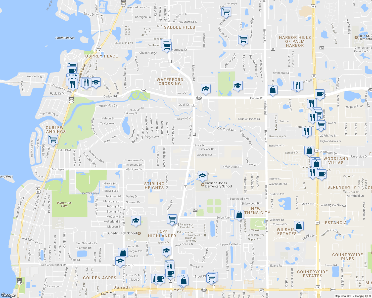 map of restaurants, bars, coffee shops, grocery stores, and more near 2365 Clark Cameron Drive in Dunedin