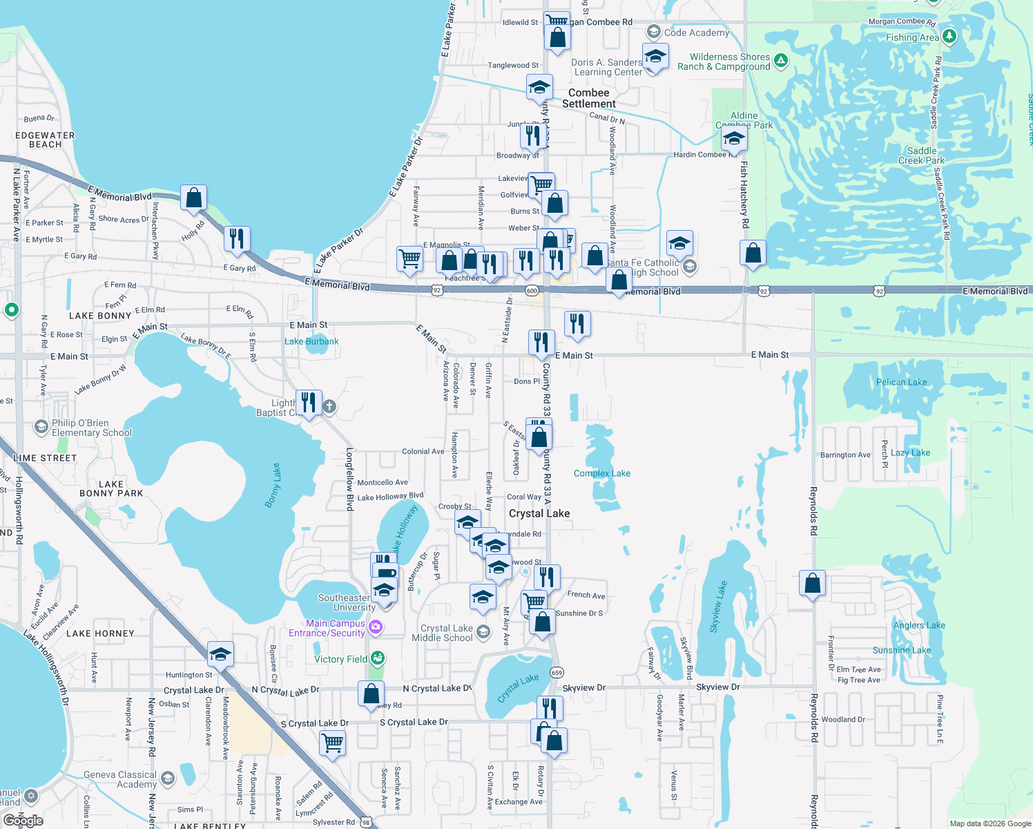 map of restaurants, bars, coffee shops, grocery stores, and more near 318 South Eastside Drive in Lakeland