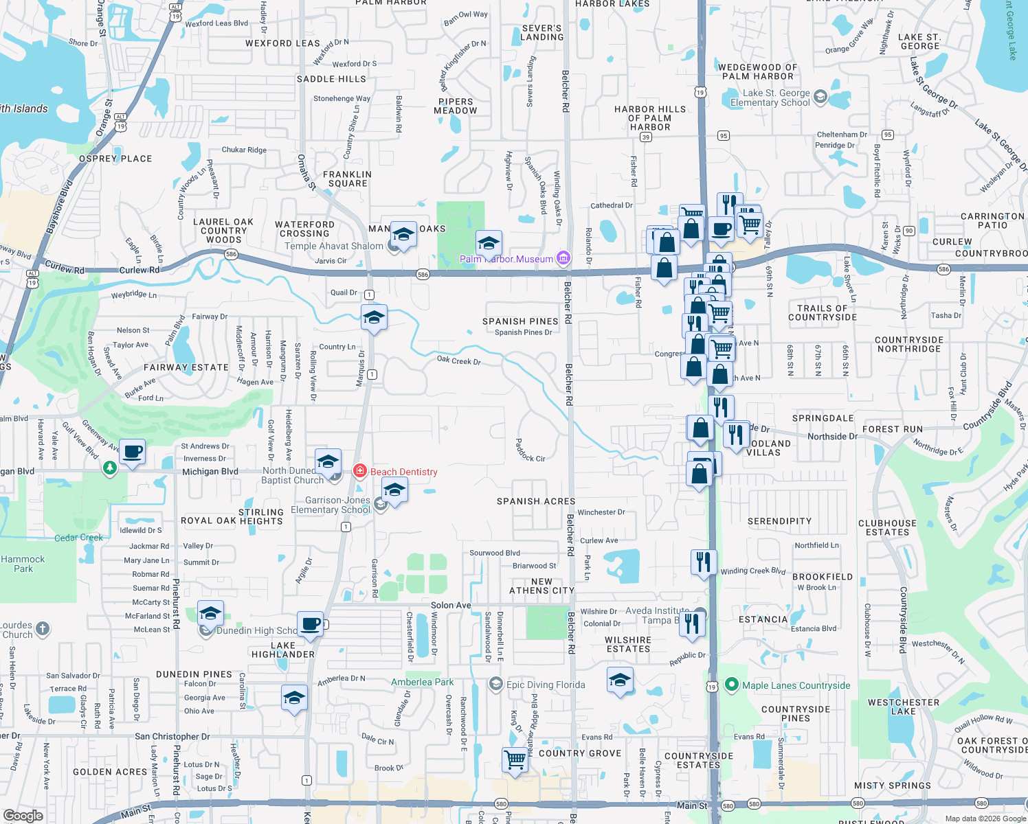 map of restaurants, bars, coffee shops, grocery stores, and more near 2111 Paddock Circle in Dunedin