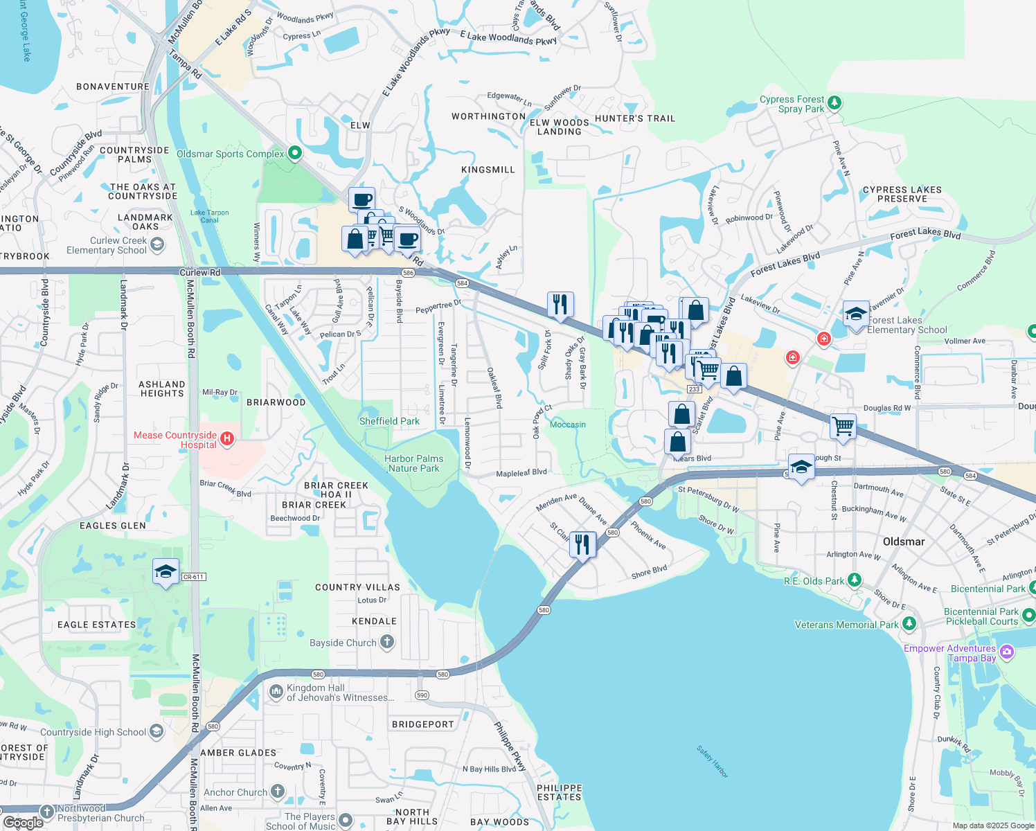 map of restaurants, bars, coffee shops, grocery stores, and more near 1760 Hawthorne Court in Oldsmar