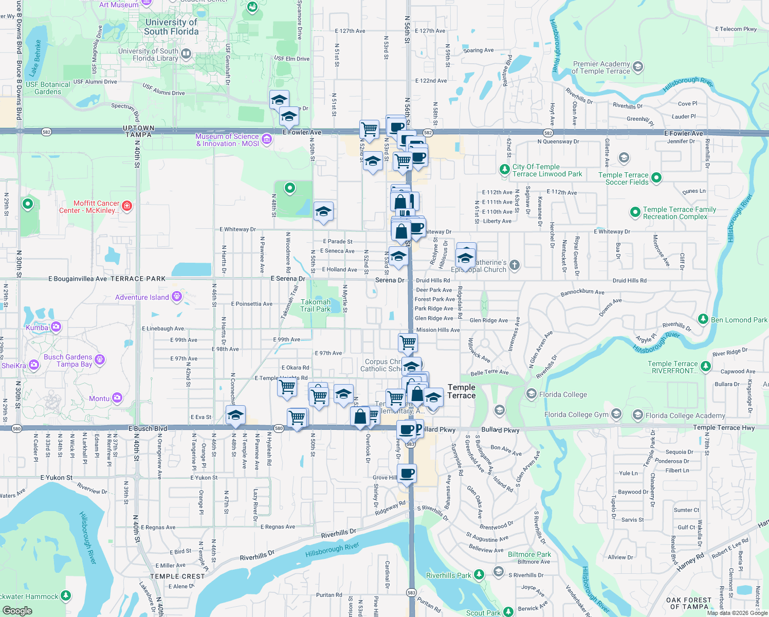 map of restaurants, bars, coffee shops, grocery stores, and more near 10047 North 53rd Street in Temple Terrace