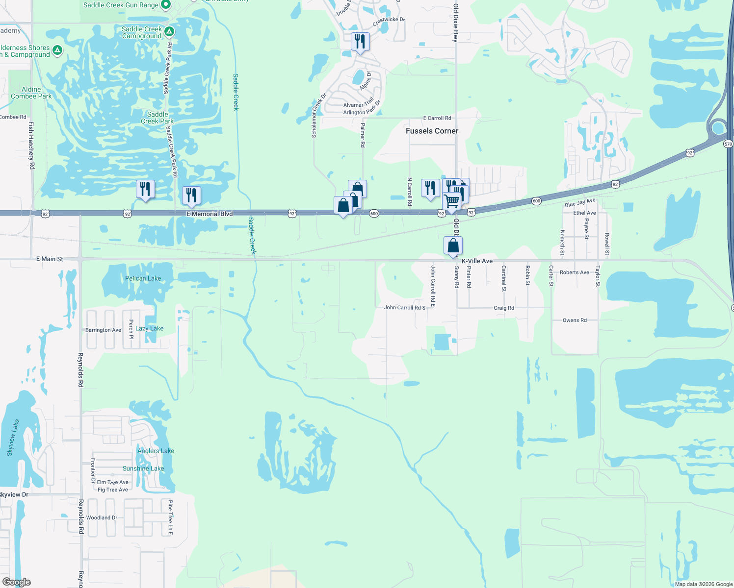 map of restaurants, bars, coffee shops, grocery stores, and more near 225 John Carroll Road West in Lakeland
