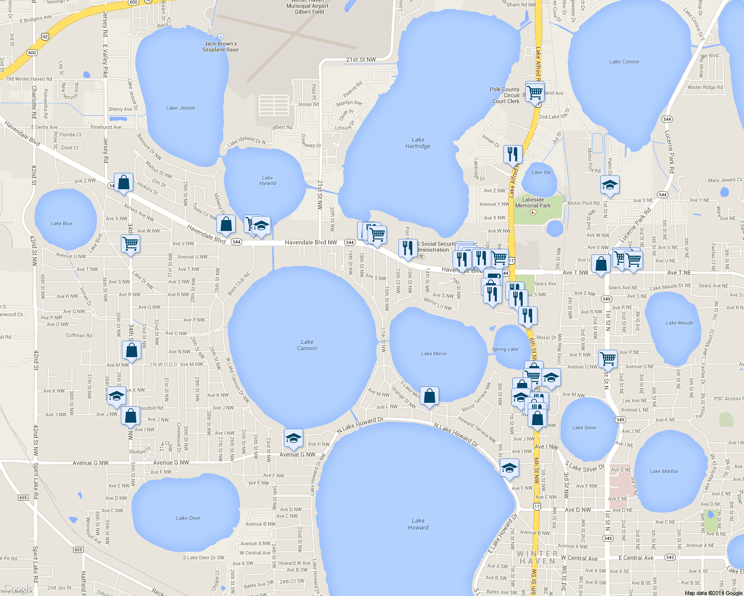 map of restaurants, bars, coffee shops, grocery stores, and more near 1352 E Lake Cannon Dr NW in Winter Haven