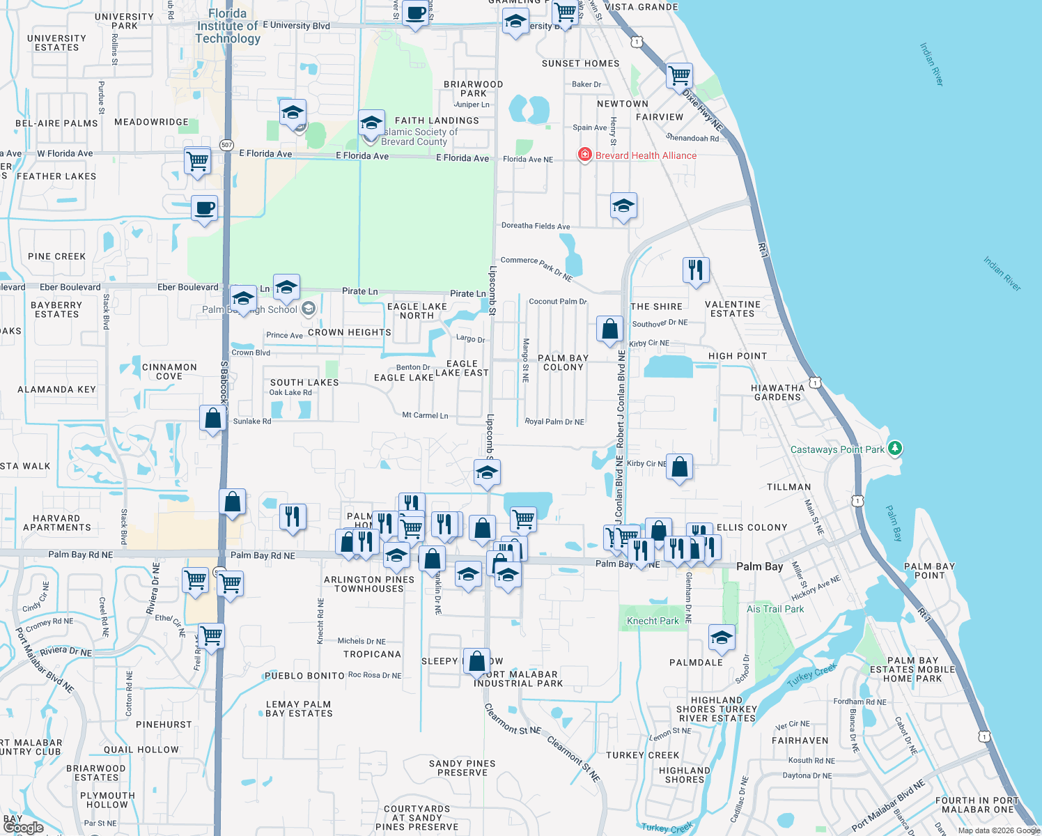 map of restaurants, bars, coffee shops, grocery stores, and more near 1724 Mango Street Northeast in Palm Bay