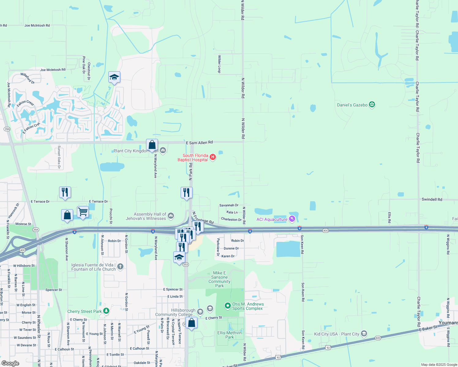 map of restaurants, bars, coffee shops, grocery stores, and more near 2909 North Wilder Road in Plant City
