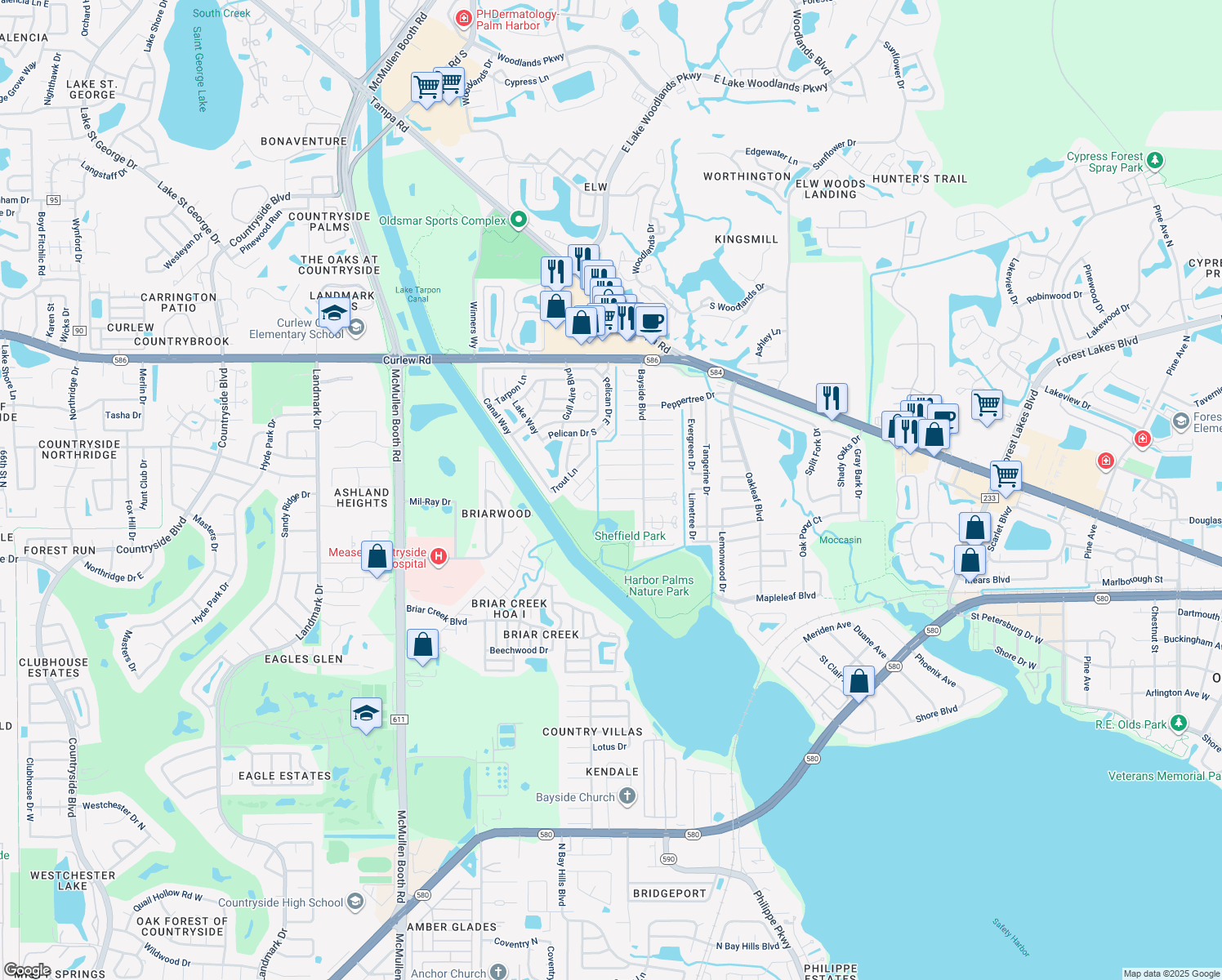 map of restaurants, bars, coffee shops, grocery stores, and more near 2042 Sheffield Court in Oldsmar