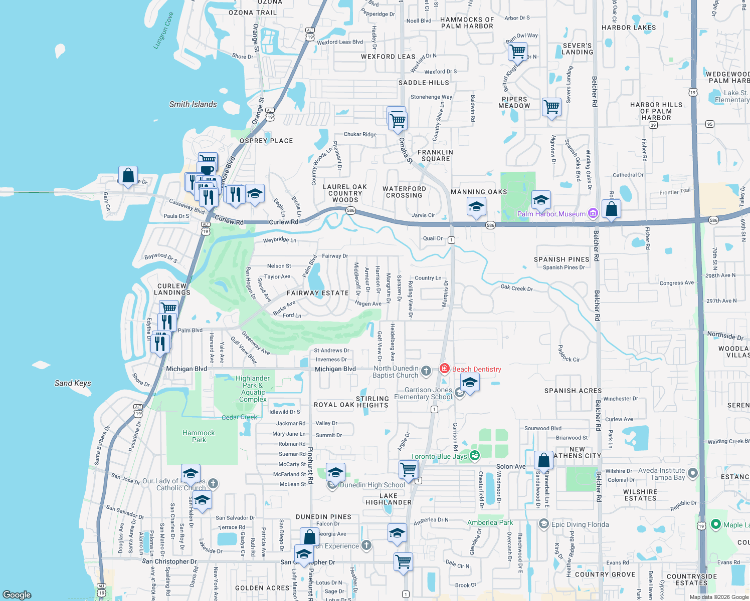 map of restaurants, bars, coffee shops, grocery stores, and more near 1434 Hagen Avenue in Dunedin