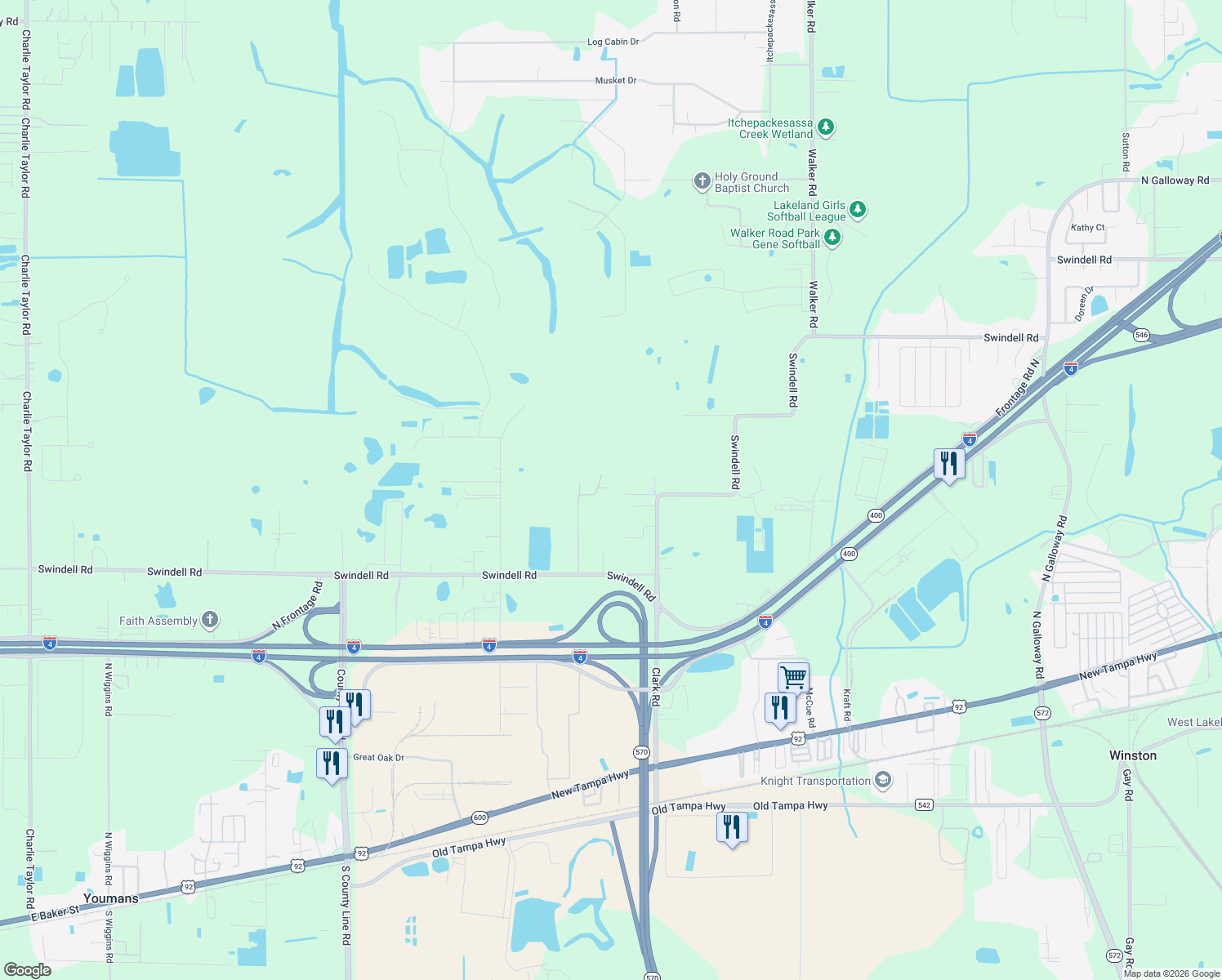 map of restaurants, bars, coffee shops, grocery stores, and more near 4755 Swindell Road in Lakeland