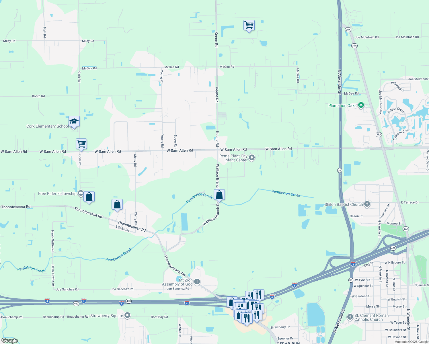 map of restaurants, bars, coffee shops, grocery stores, and more near 3107 Wallace Branch Road in Plant City