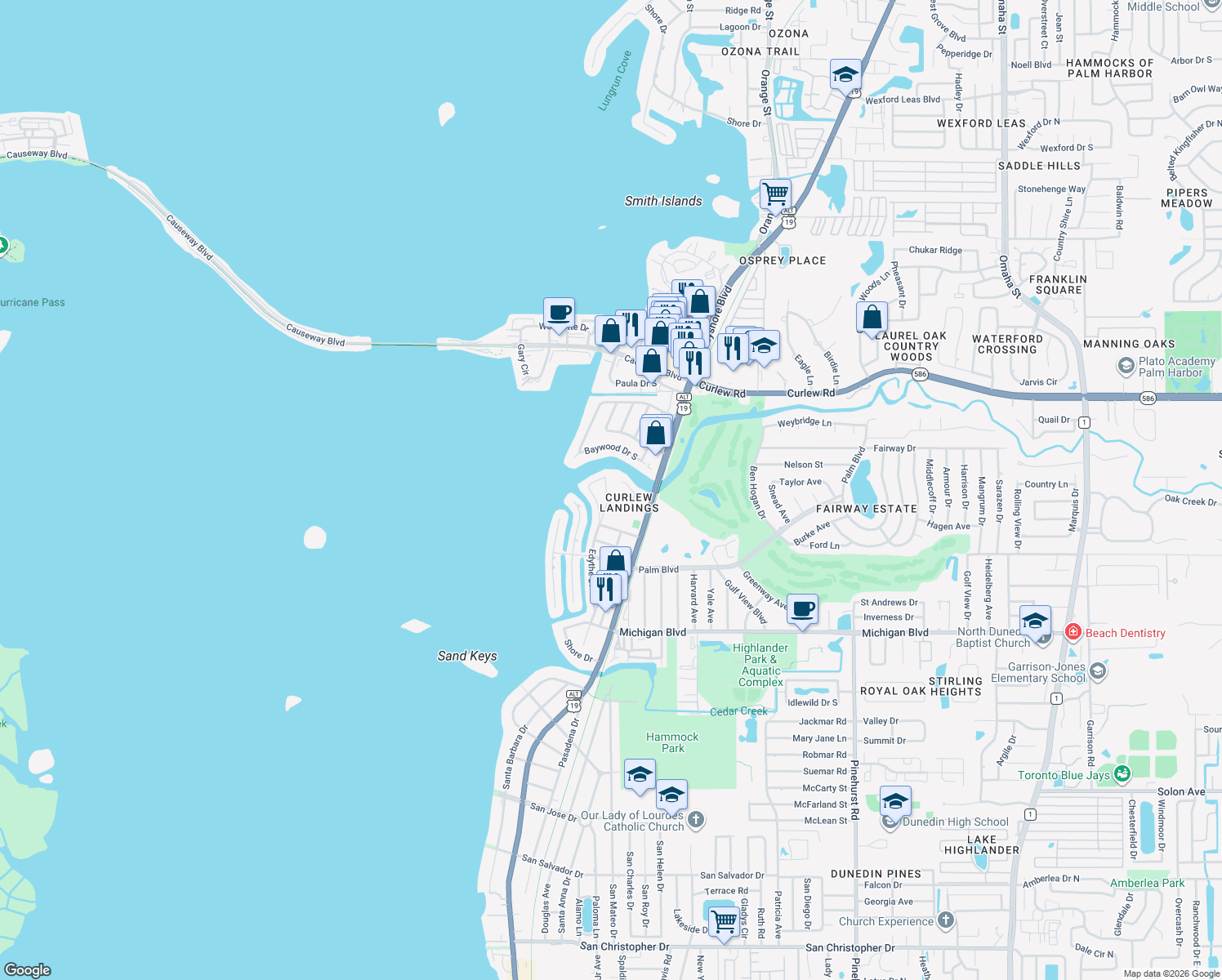 map of restaurants, bars, coffee shops, grocery stores, and more near 2287 Carolyn Drive in Dunedin