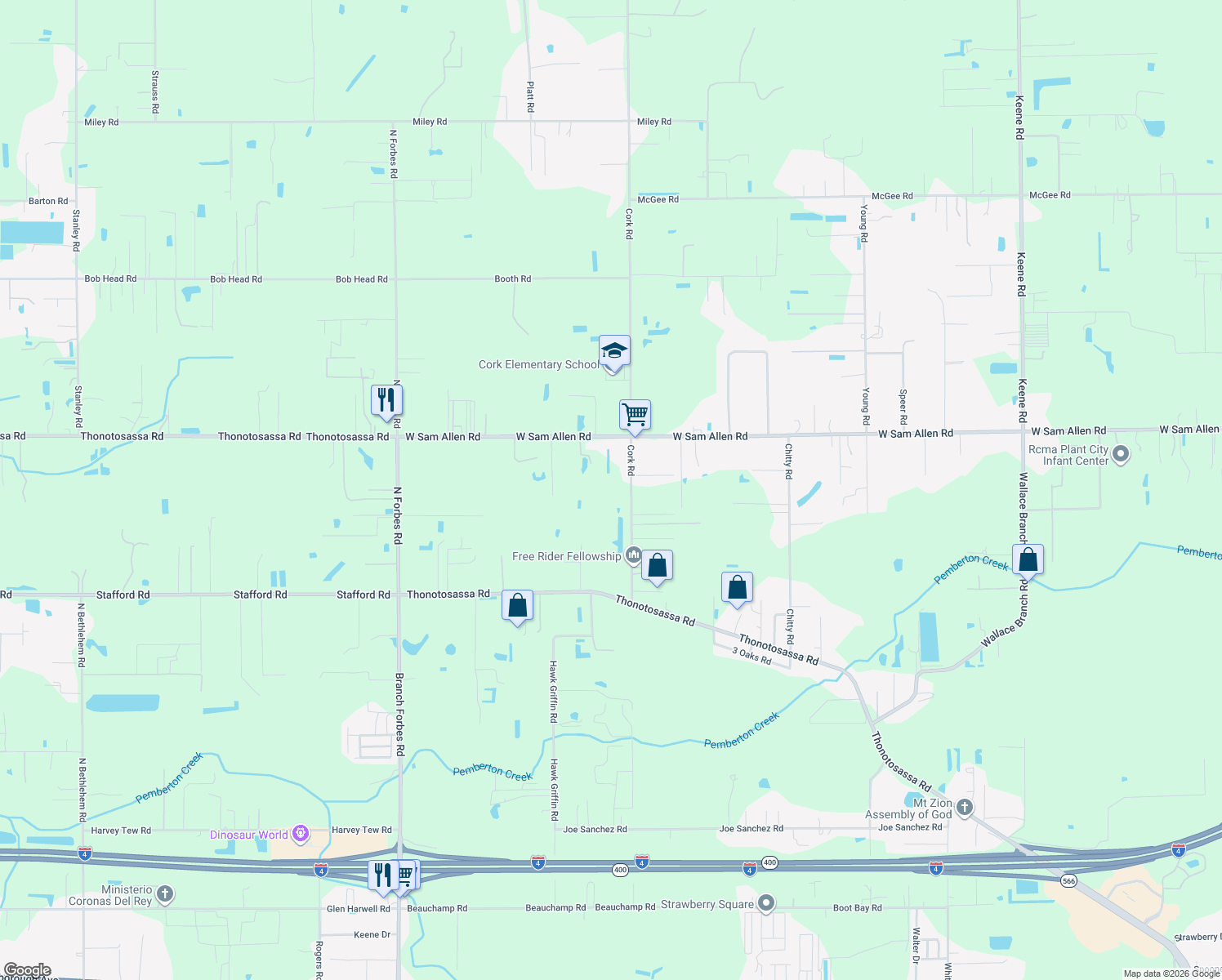 map of restaurants, bars, coffee shops, grocery stores, and more near 3135 Cork Road in Plant City