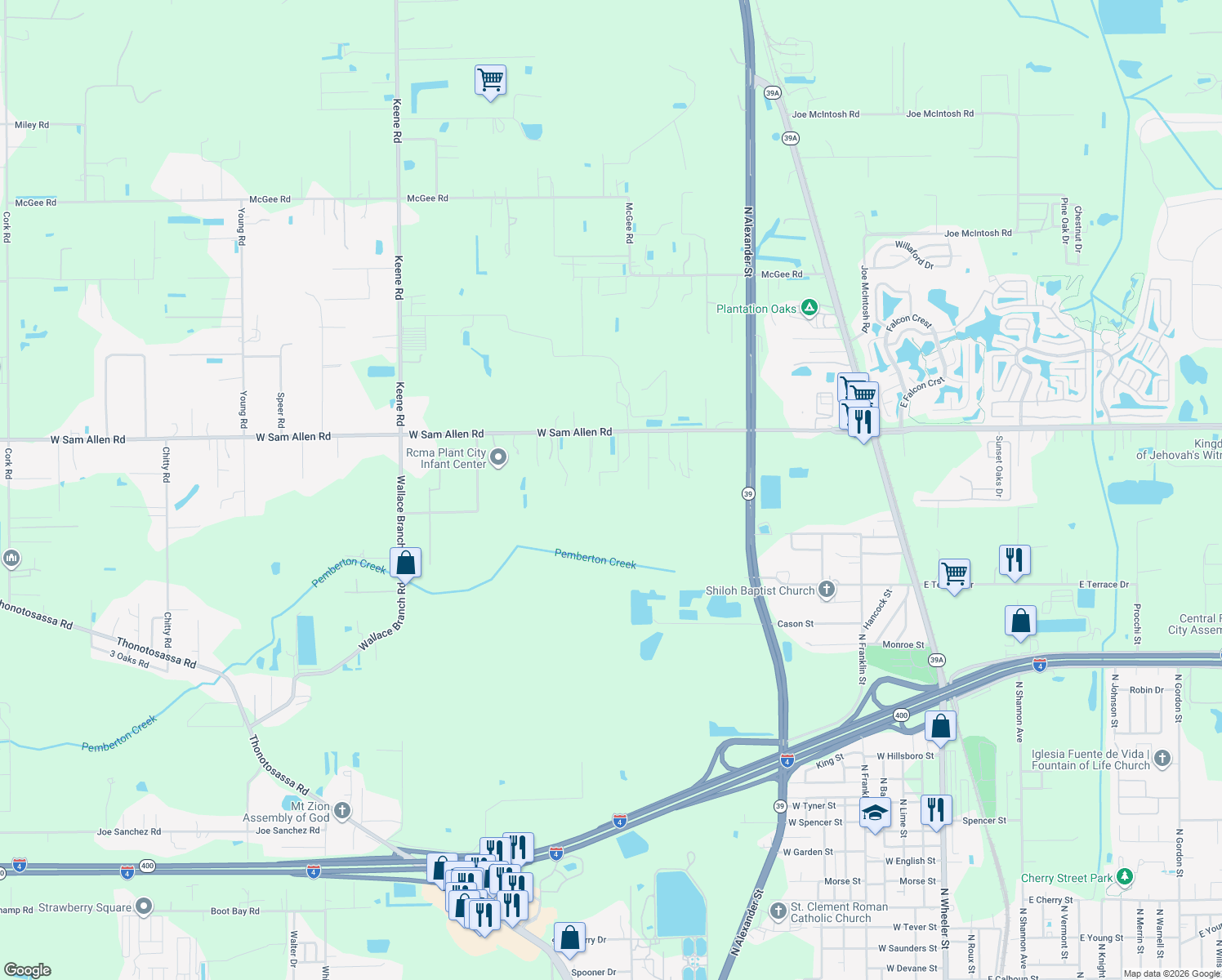 map of restaurants, bars, coffee shops, grocery stores, and more near 1715 West Sam Allen Road in Plant City