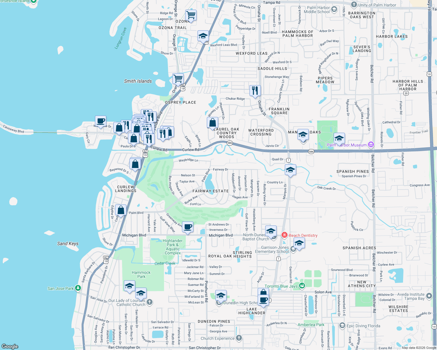 map of restaurants, bars, coffee shops, grocery stores, and more near 2387 Demaret Dr in Dunedin