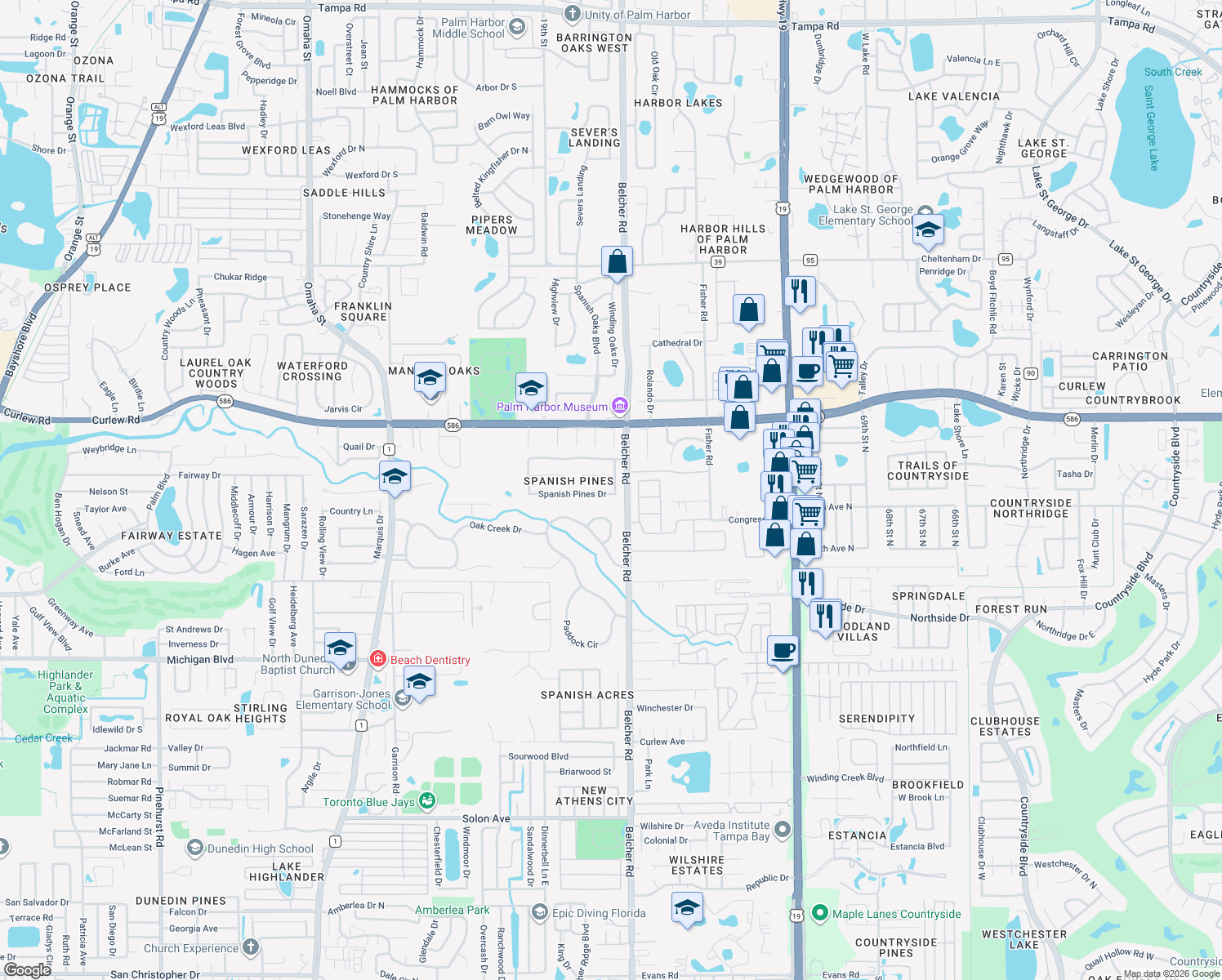map of restaurants, bars, coffee shops, grocery stores, and more near 2029 Spanish Pines Drive in Dunedin