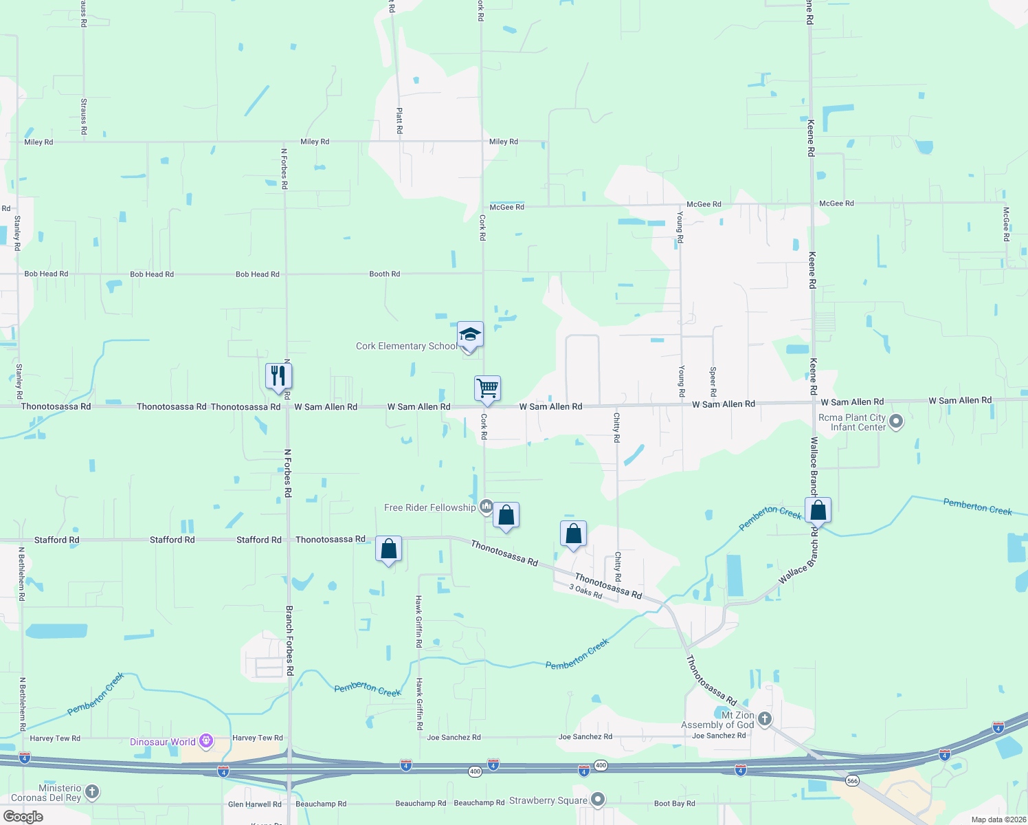 map of restaurants, bars, coffee shops, grocery stores, and more near 4701 West Sam Allen Road in Plant City