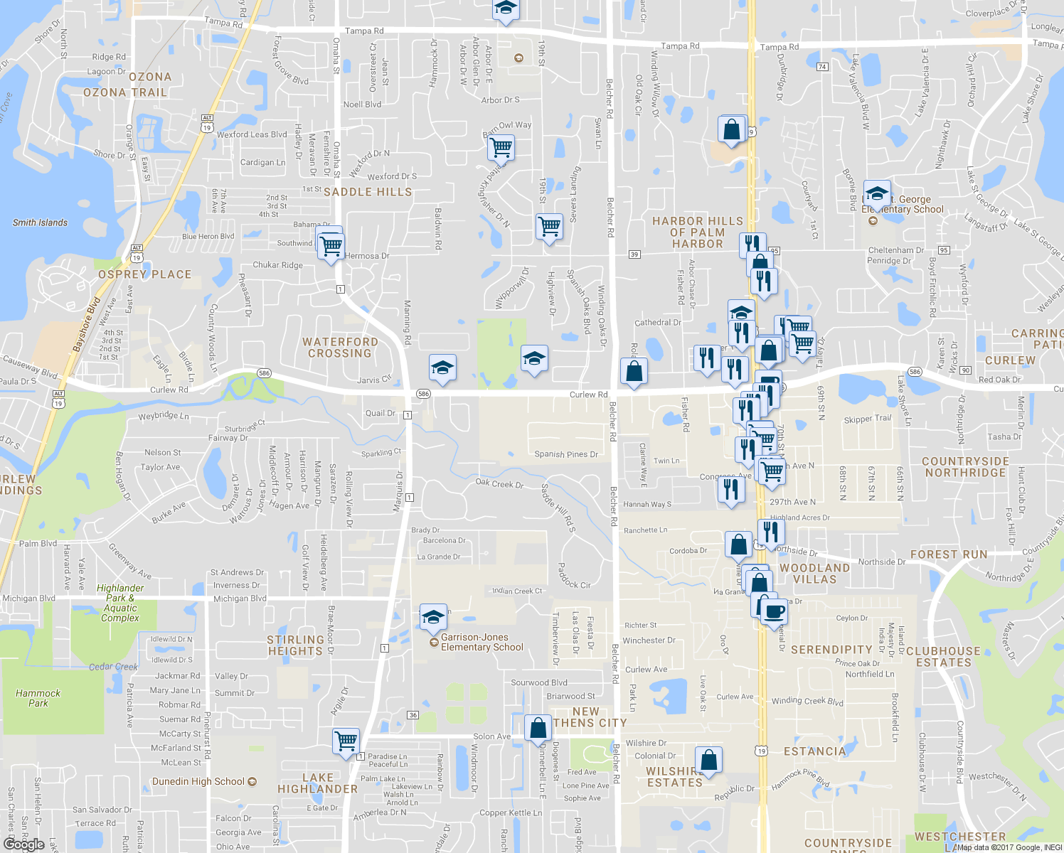 map of restaurants, bars, coffee shops, grocery stores, and more near 1296 Peach Tree Drive in Dunedin