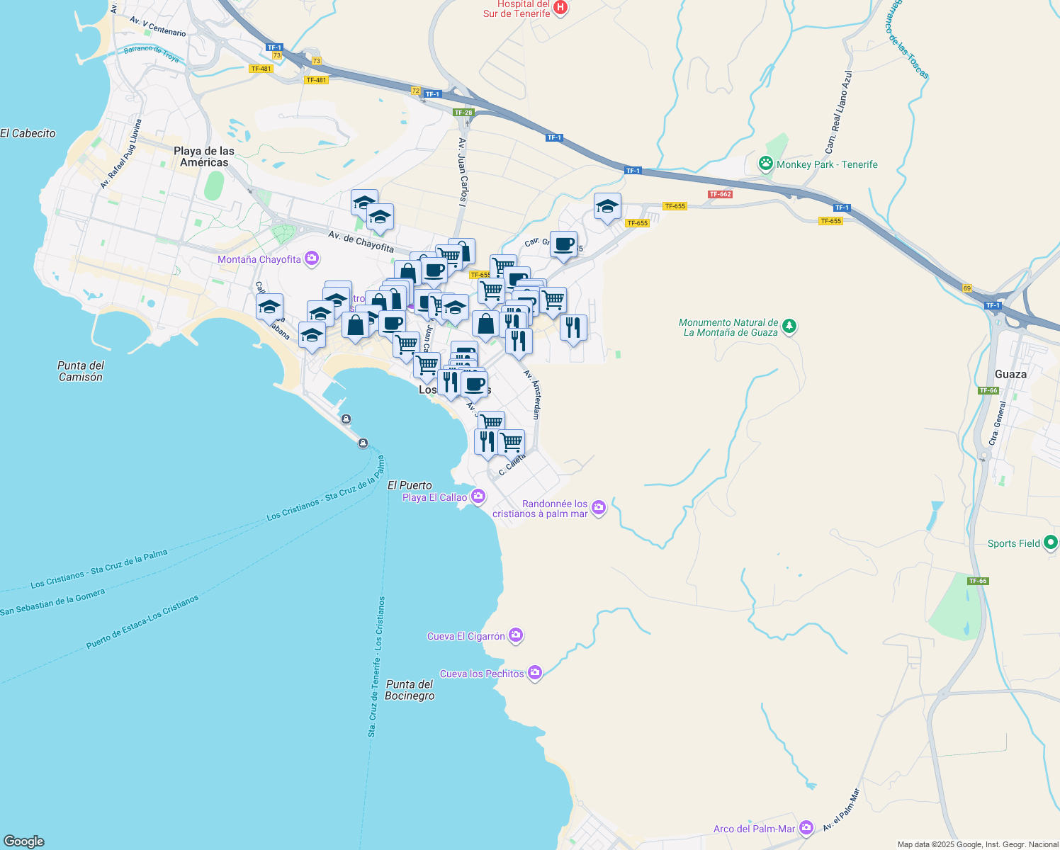 map of restaurants, bars, coffee shops, grocery stores, and more near 1 Paseo Playa Graciosa in Arona