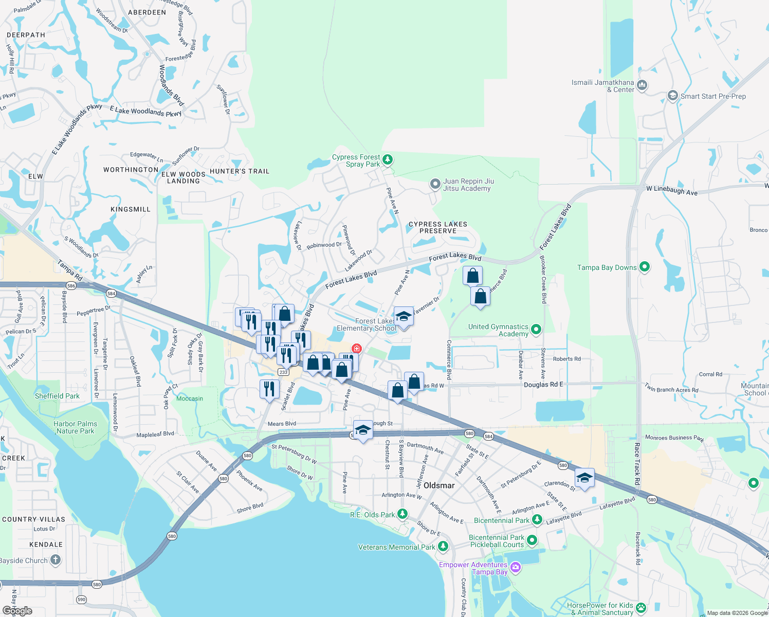 map of restaurants, bars, coffee shops, grocery stores, and more near 302 Fountainview Circle in Oldsmar