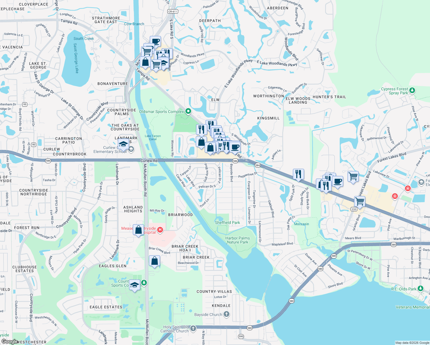 map of restaurants, bars, coffee shops, grocery stores, and more near 163 Dolphin Drive East in Oldsmar