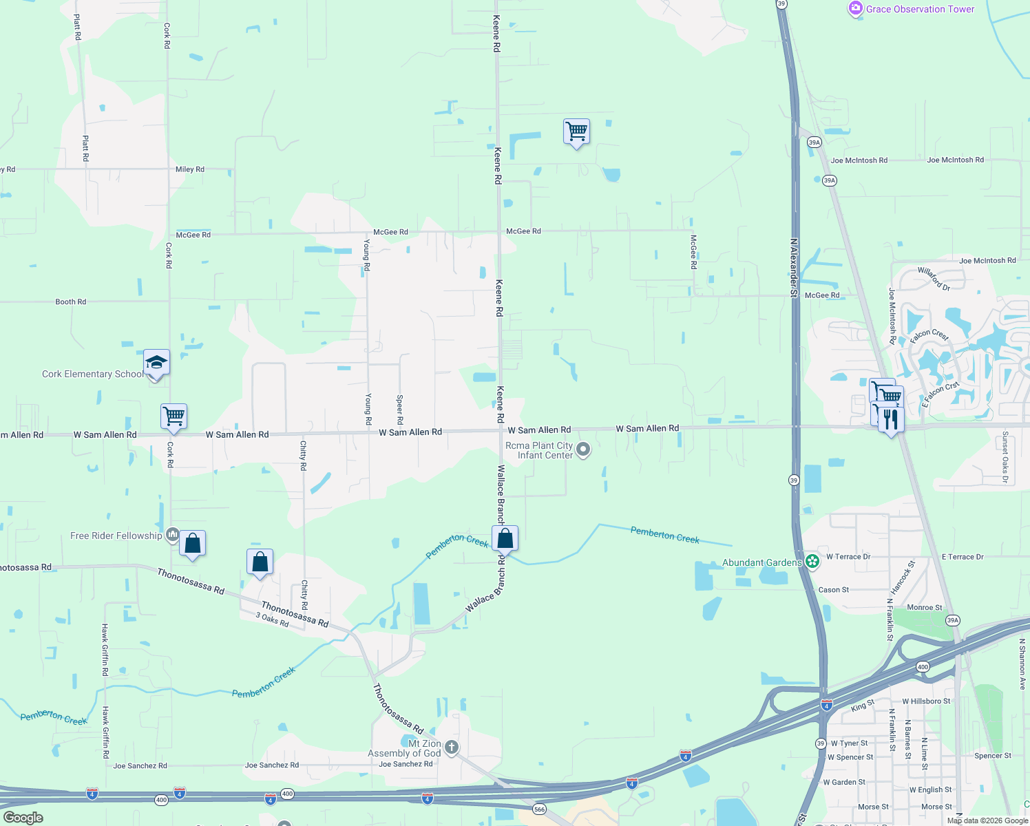 map of restaurants, bars, coffee shops, grocery stores, and more near 2850 West Sam Allen Road in Plant City