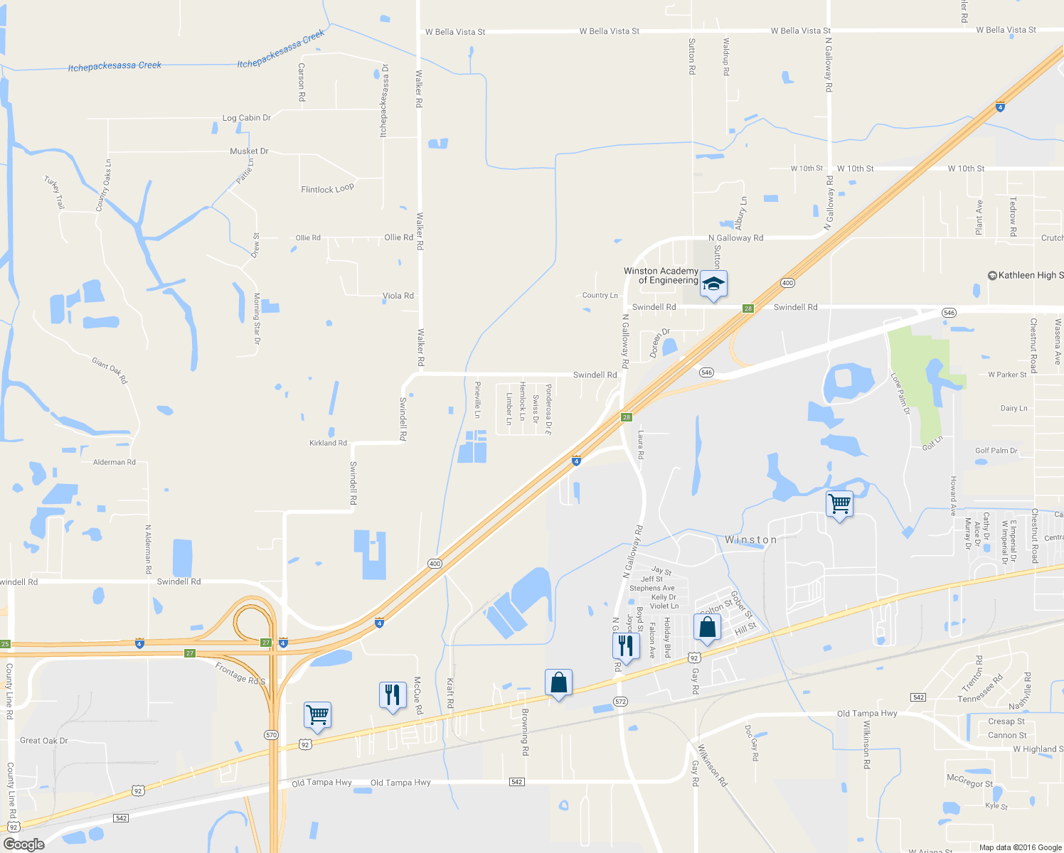 map of restaurants, bars, coffee shops, grocery stores, and more near 608 Swiss Drive in Lakeland