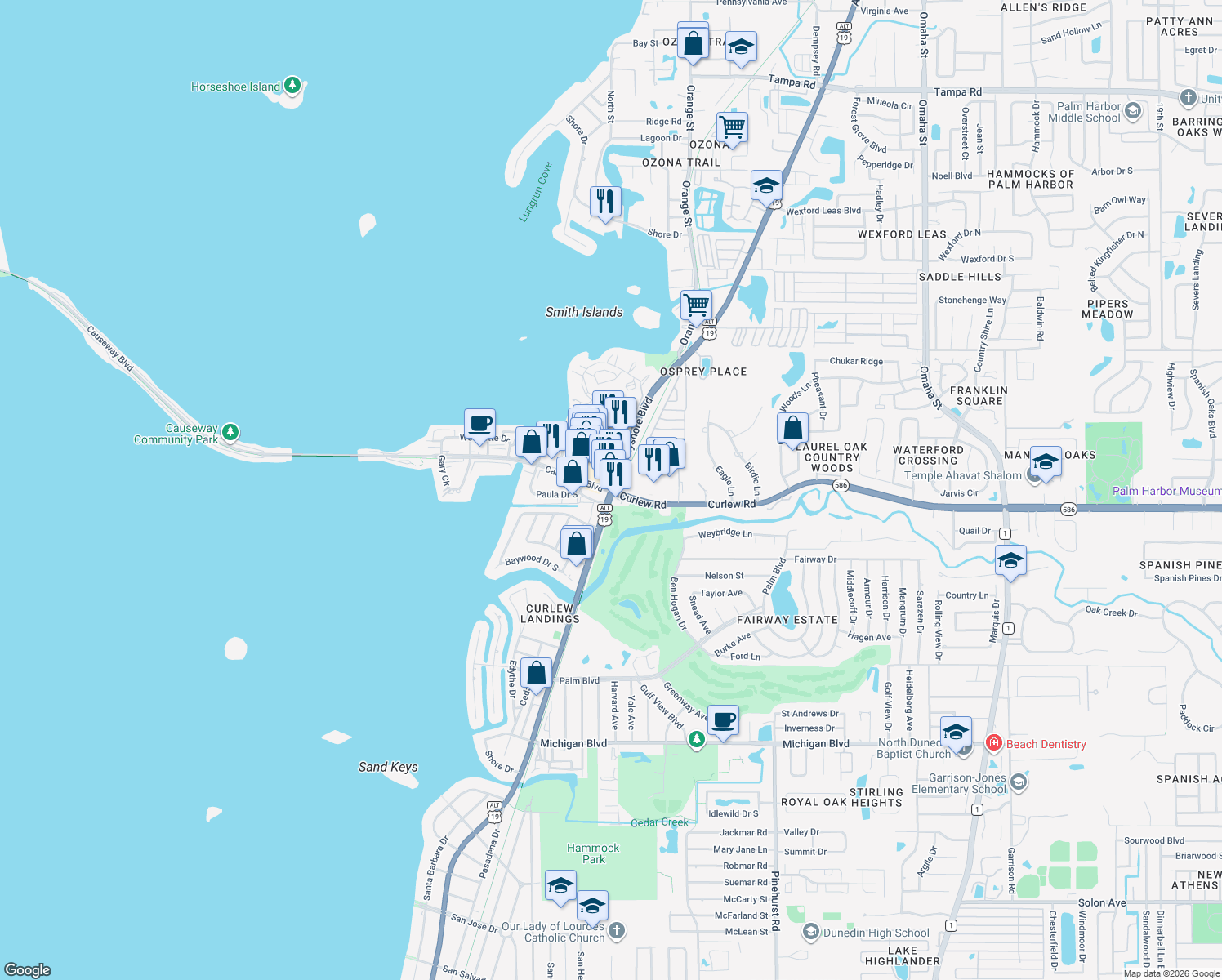 map of restaurants, bars, coffee shops, grocery stores, and more near 2750 Bayshore Boulevard in Dunedin