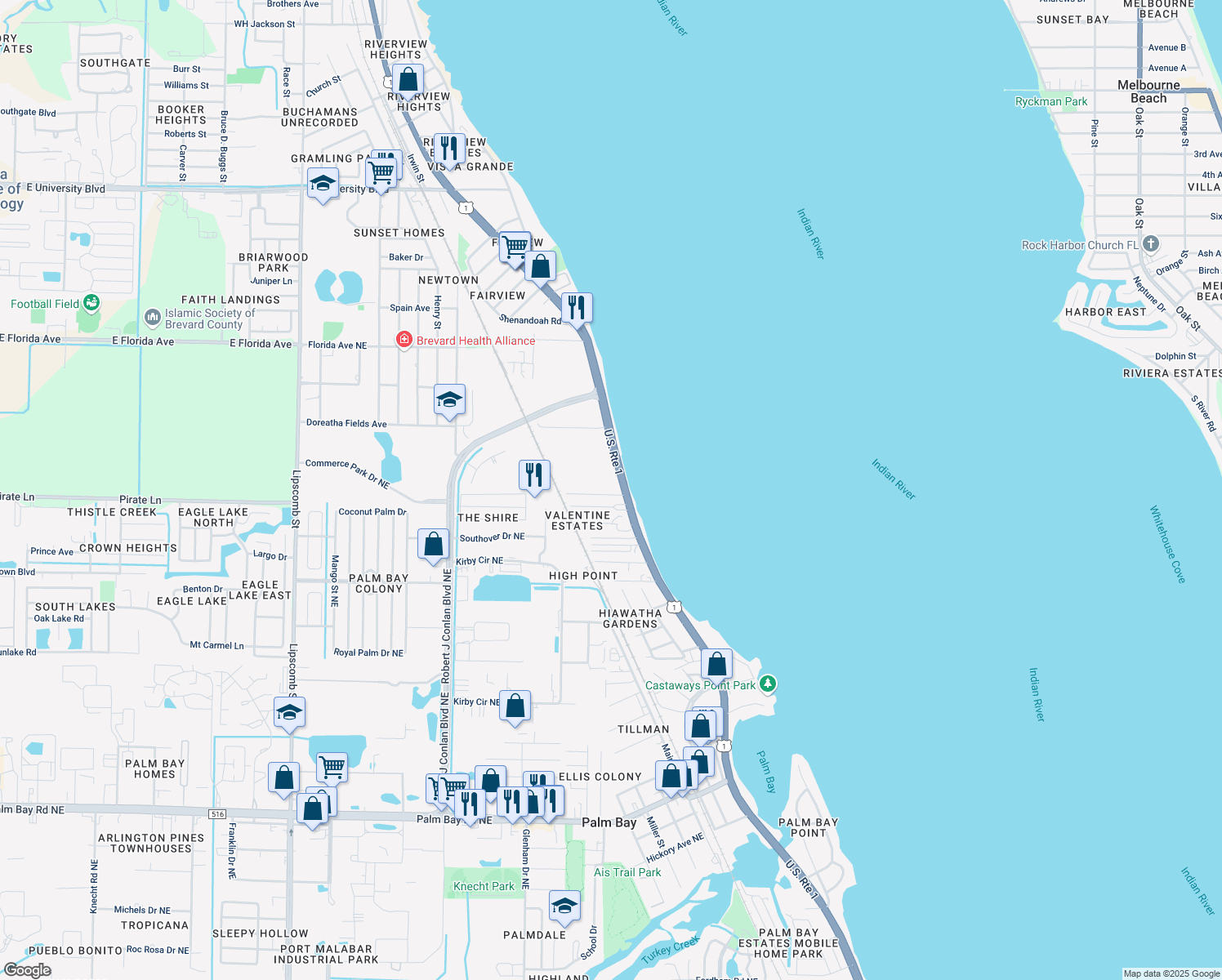 map of restaurants, bars, coffee shops, grocery stores, and more near 3620 Dixie Highway Northeast in Palm Bay