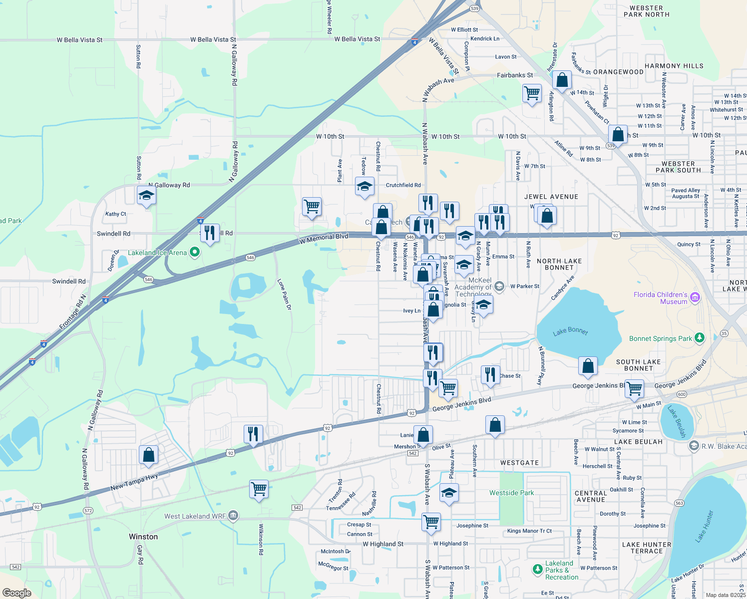 map of restaurants, bars, coffee shops, grocery stores, and more near 712 North Chestnut Road in Lakeland