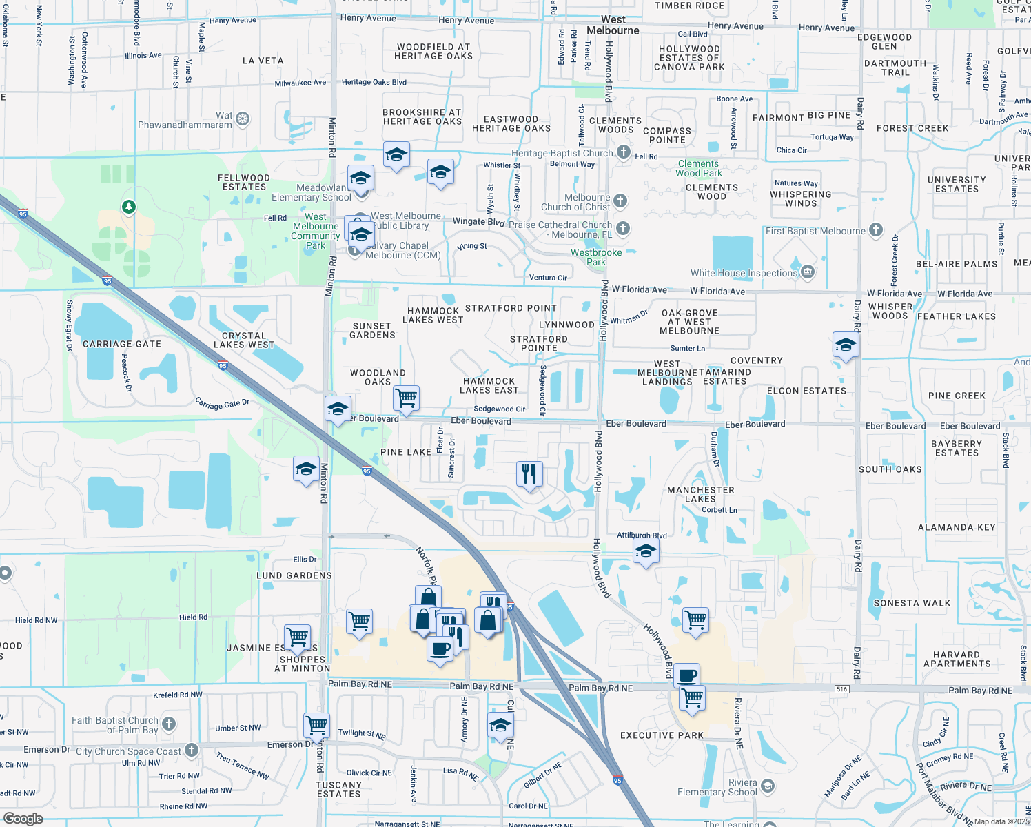 map of restaurants, bars, coffee shops, grocery stores, and more near 244 Sedgewood Circle in West Melbourne