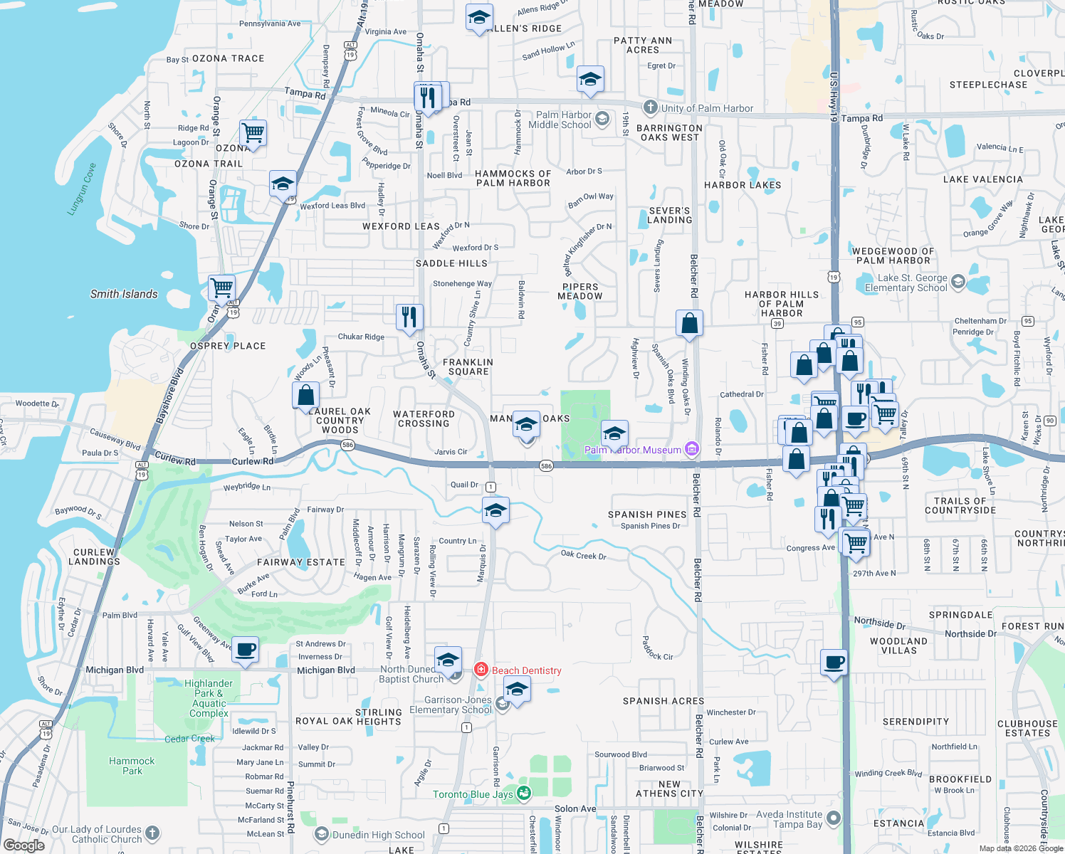 map of restaurants, bars, coffee shops, grocery stores, and more near 1560 Canopy Oaks Boulevard in Palm Harbor