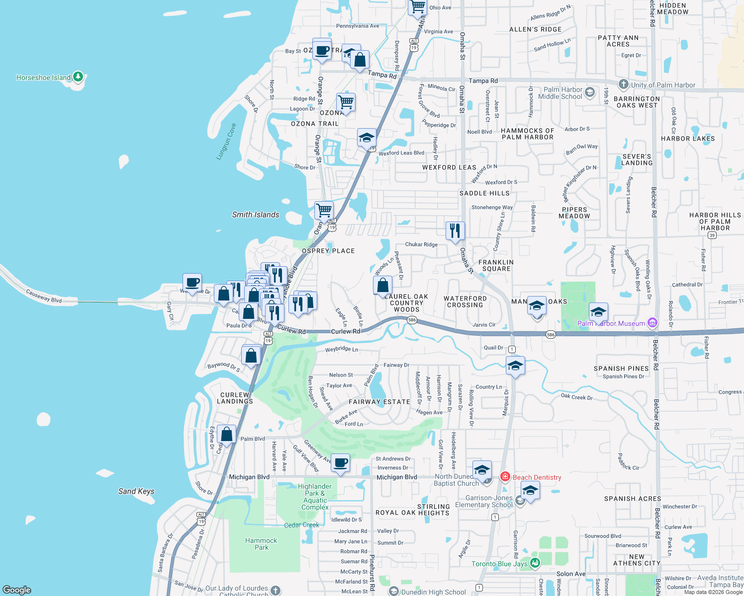 map of restaurants, bars, coffee shops, grocery stores, and more near 2744 Country Woods Lane in Palm Harbor