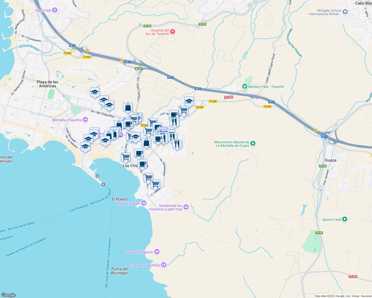 map of restaurants, bars, coffee shops, grocery stores, and more near 12 Calle Sierra Nevada in Arona