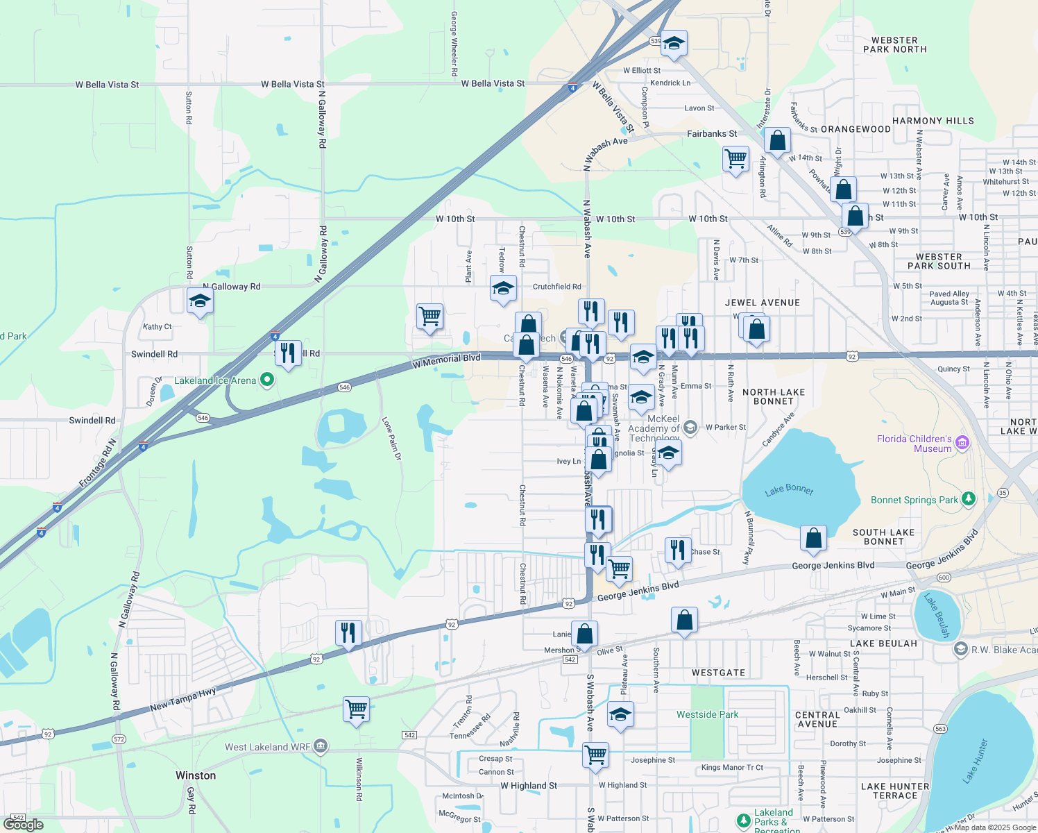 map of restaurants, bars, coffee shops, grocery stores, and more near 802 North Chestnut Road in Lakeland