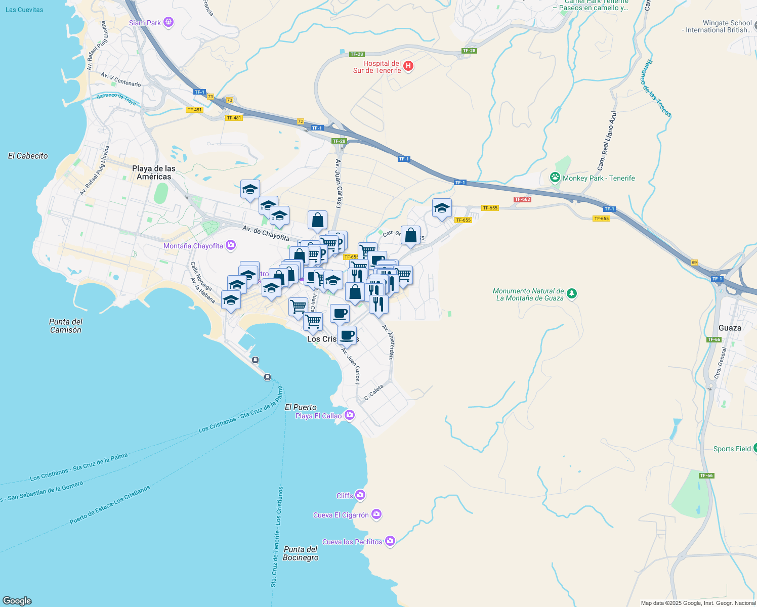 map of restaurants, bars, coffee shops, grocery stores, and more near 1102 Avenida de Ámsterdam in Arona