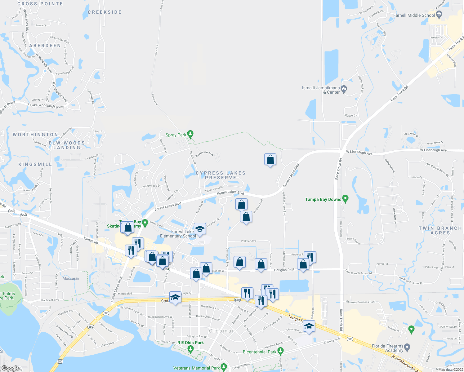 map of restaurants, bars, coffee shops, grocery stores, and more near 653 Lake Cypress Circle in Oldsmar