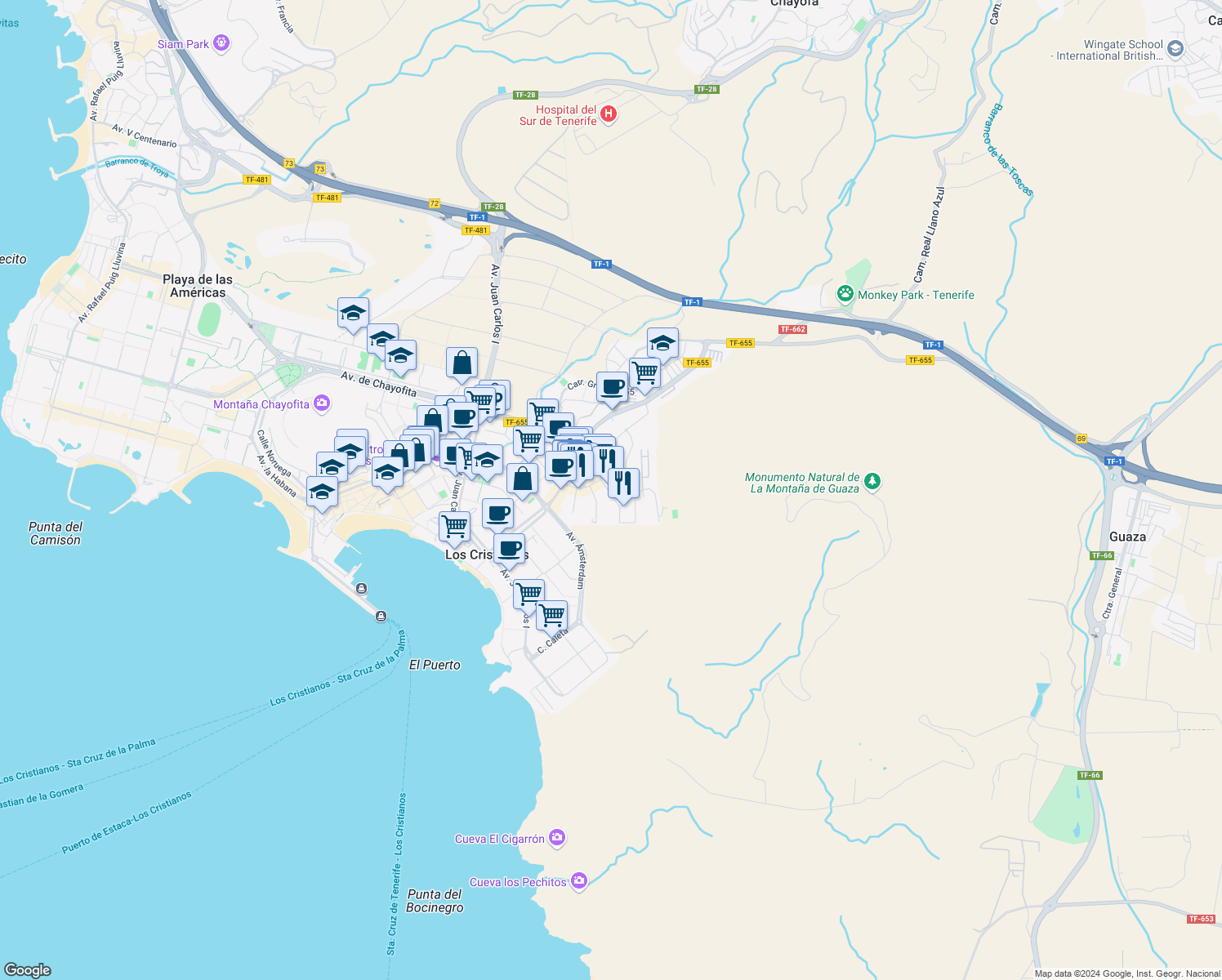 map of restaurants, bars, coffee shops, grocery stores, and more near 17 Calle Santa Rosa in Arona