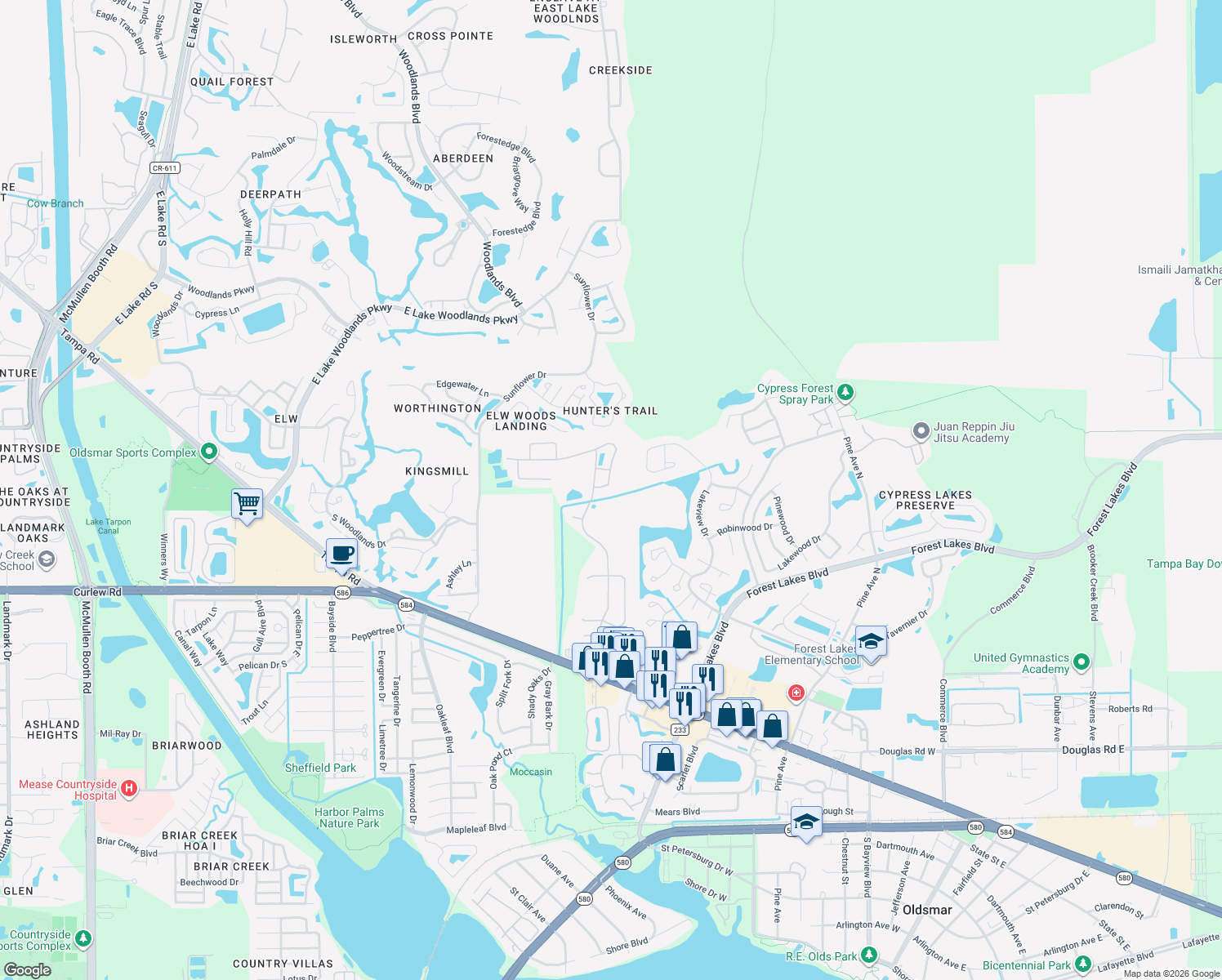 map of restaurants, bars, coffee shops, grocery stores, and more near 338 Ventura Drive in Oldsmar