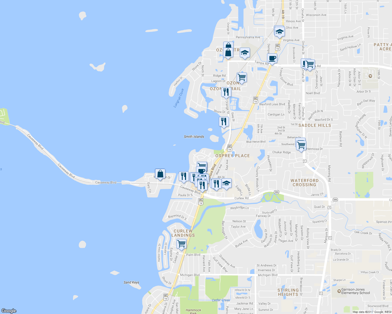 map of restaurants, bars, coffee shops, grocery stores, and more near 6 Mediterranean Drive in Dunedin