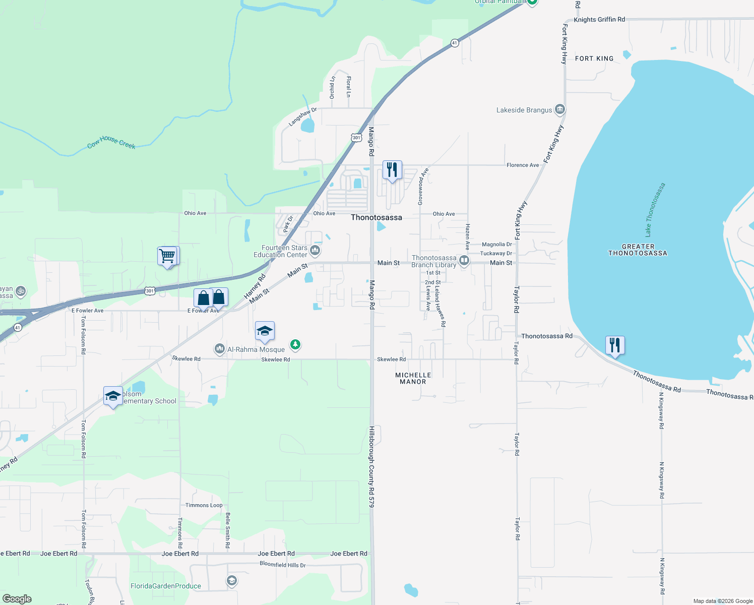 map of restaurants, bars, coffee shops, grocery stores, and more near 10638 Bay Hills Circle in Thonotosassa
