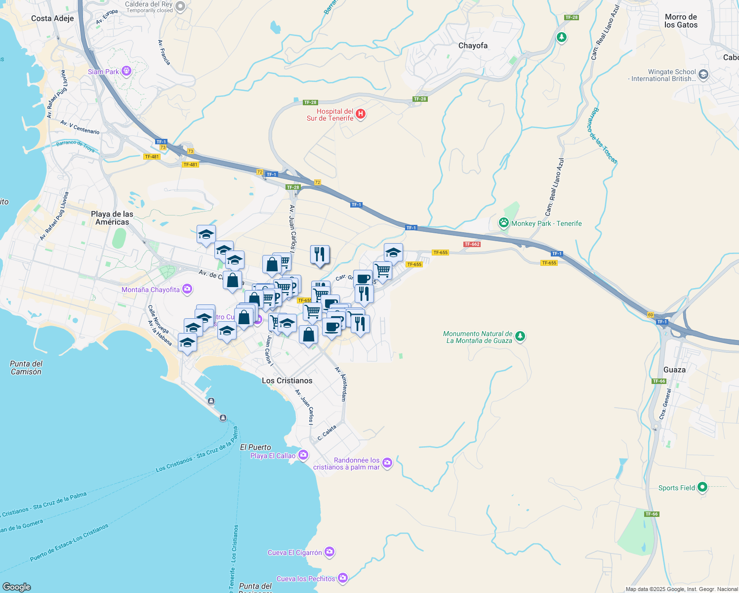 map of restaurants, bars, coffee shops, grocery stores, and more near 12 Avenida San Francisco in Los Cristianos