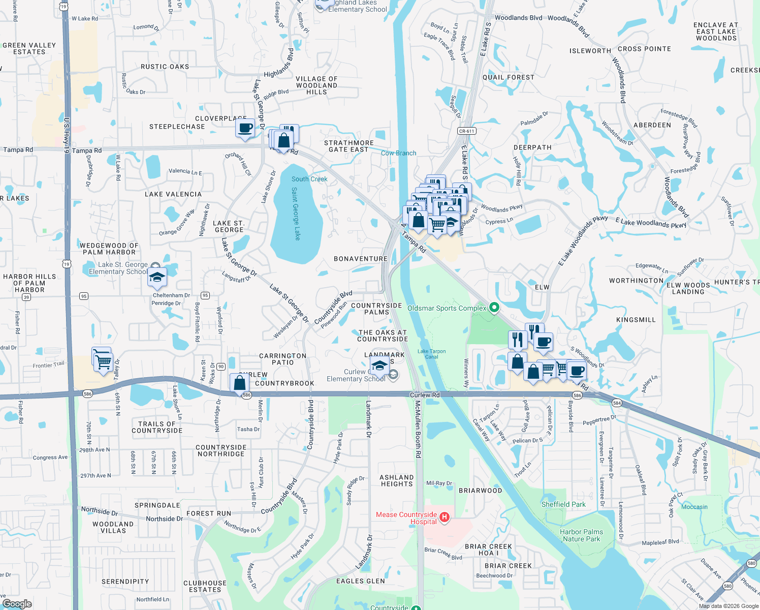 map of restaurants, bars, coffee shops, grocery stores, and more near 3678 Amelia Way in Palm Harbor