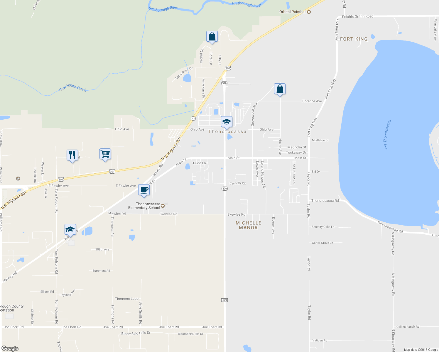 map of restaurants, bars, coffee shops, grocery stores, and more near 11654 Big Sky Circle in Thonotosassa