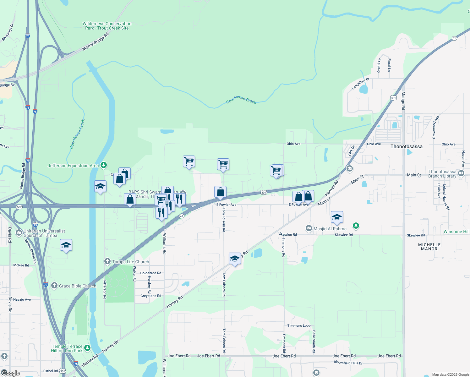 map of restaurants, bars, coffee shops, grocery stores, and more near 11711 Tom Folsom Road in Thonotosassa