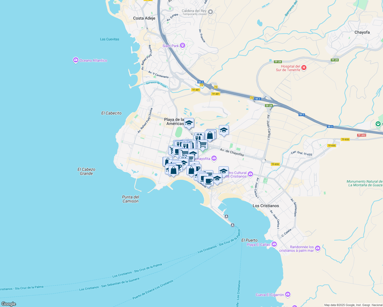 map of restaurants, bars, coffee shops, grocery stores, and more near 18 Avenida Antonio Dominguez in Playa de las Américas, Santa Cruz de Tenerife