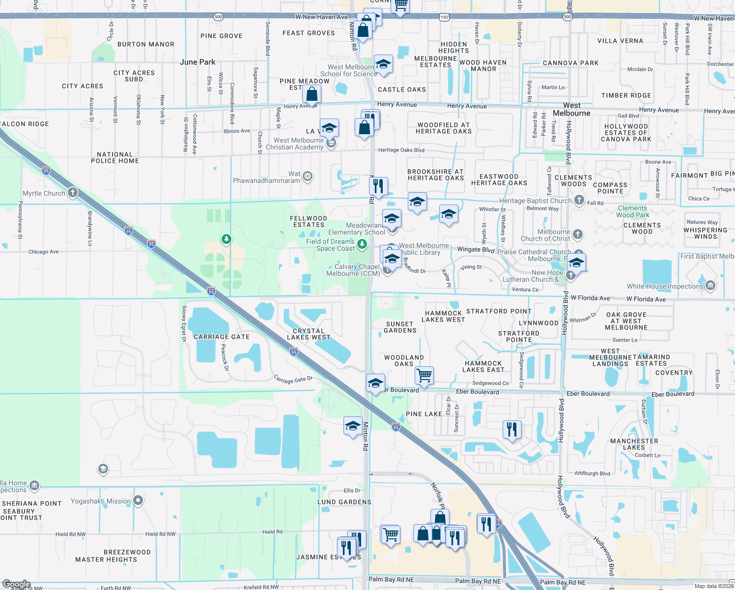 map of restaurants, bars, coffee shops, grocery stores, and more near Minton Road in West Melbourne