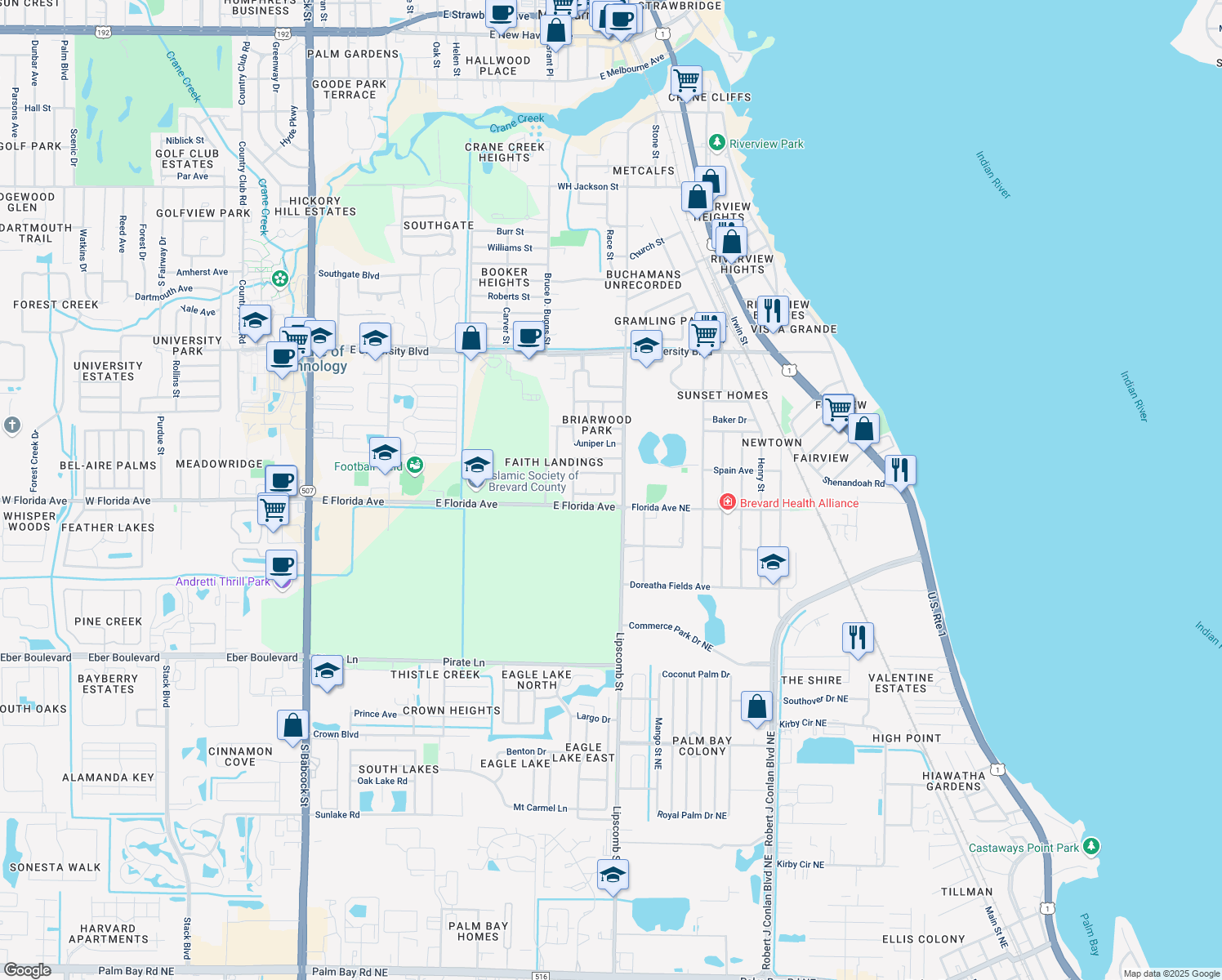 map of restaurants, bars, coffee shops, grocery stores, and more near 3508 Linden Way in Melbourne