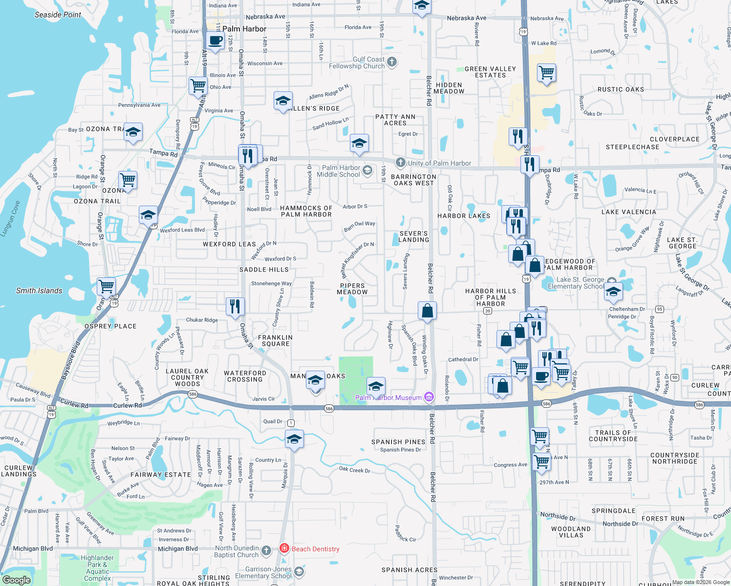 map of restaurants, bars, coffee shops, grocery stores, and more near 1819 Tree Swallow Way in Palm Harbor