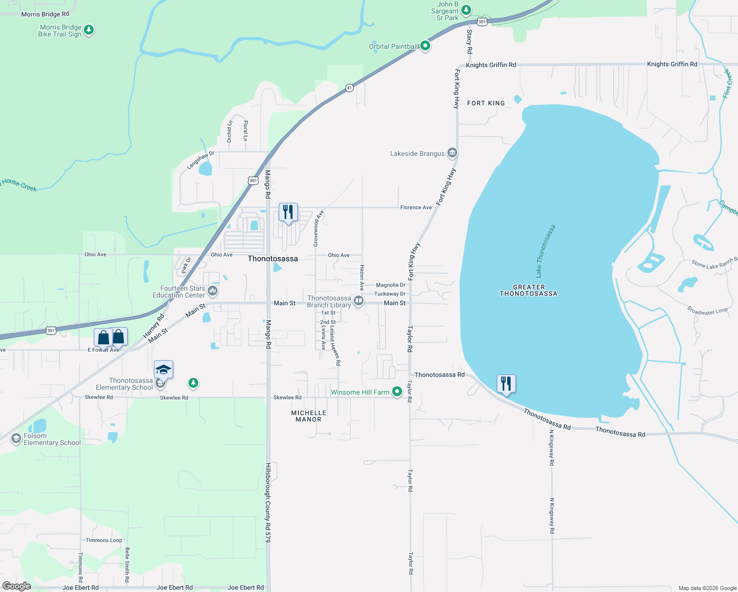 map of restaurants, bars, coffee shops, grocery stores, and more near 10803 Tuckaway Drive in Thonotosassa