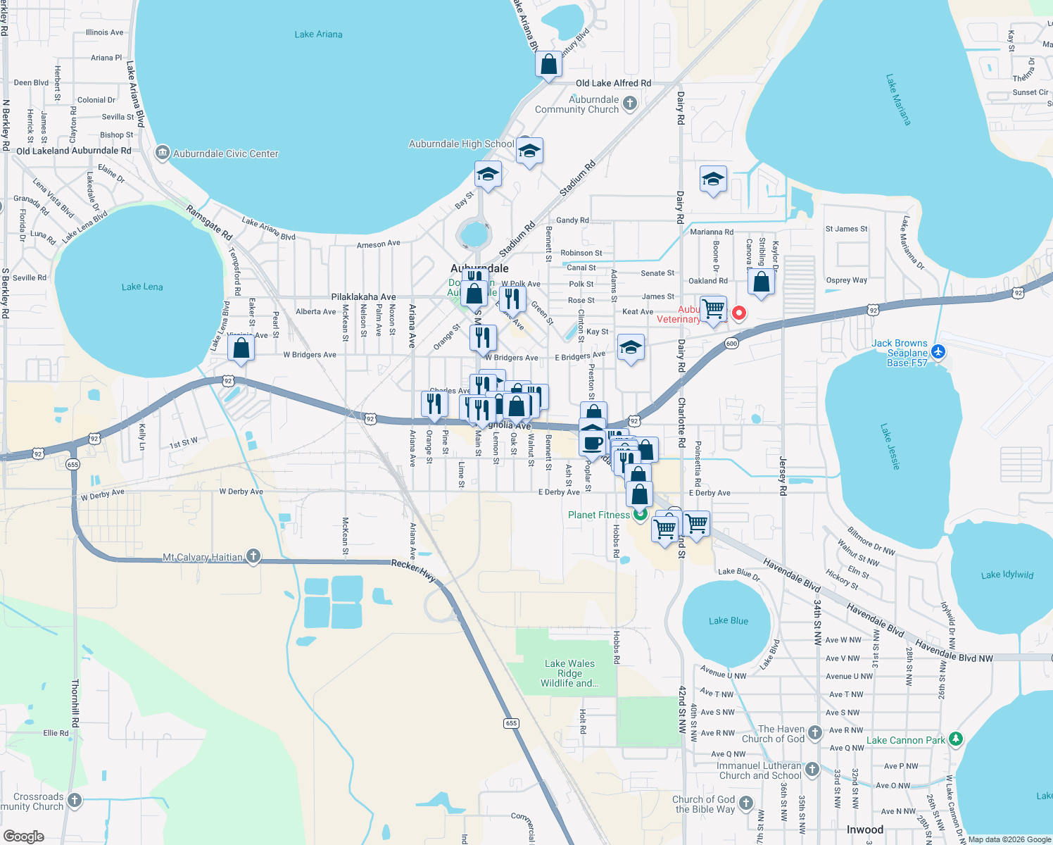 map of restaurants, bars, coffee shops, grocery stores, and more near 202 Magnolia Avenue in Auburndale